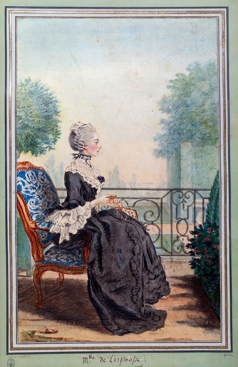 صورة كاملة الطول لجولي دي ليسبيناس (1732-1776) امرأة ذات أحرف مائية رسمها لويس كاروجيس (1717-1806) في كارمونتيل. القرن الثامن عشر شانتيلي ، متحف كوندي بواسطة كارمونتيل