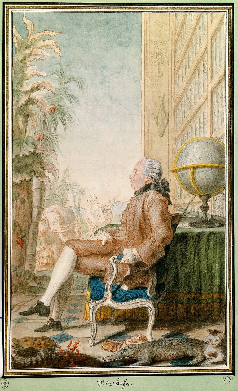 صورة لجورج لويس لوكلير ، كونت بوفون (1707-1788) ، عالم طبيعة ، مراقب حديقة جاردين دو روي. لوحة مائية من تصميم لويس كاروجيس كارمونتيل (1717-1806). كريمة مخفوقة حلوة. متحف كوندي بواسطة كارمونتيل