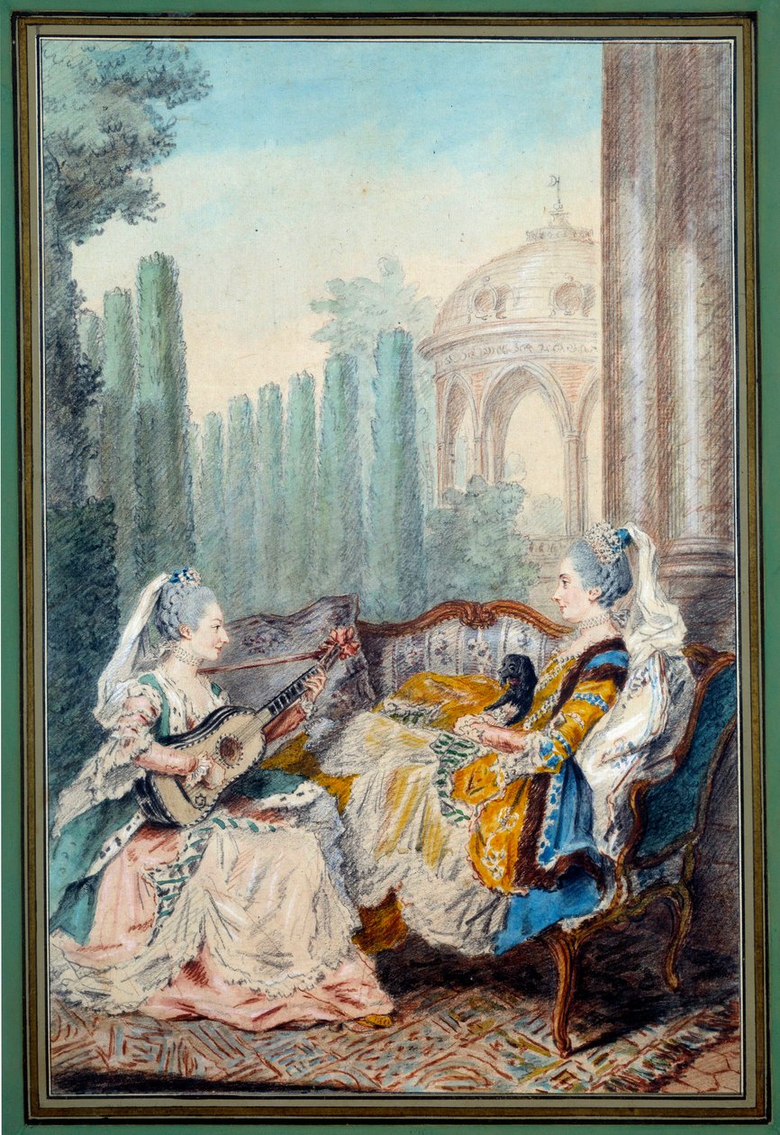 فتاتان صغيرتان تعزفان موسيقى Watercolor من تأليف Louis carrogis dit Carmontelle (1717-1806) من القرن الثامن عشر. باريس ، متحف كارنافالي بواسطة كارمونتيل