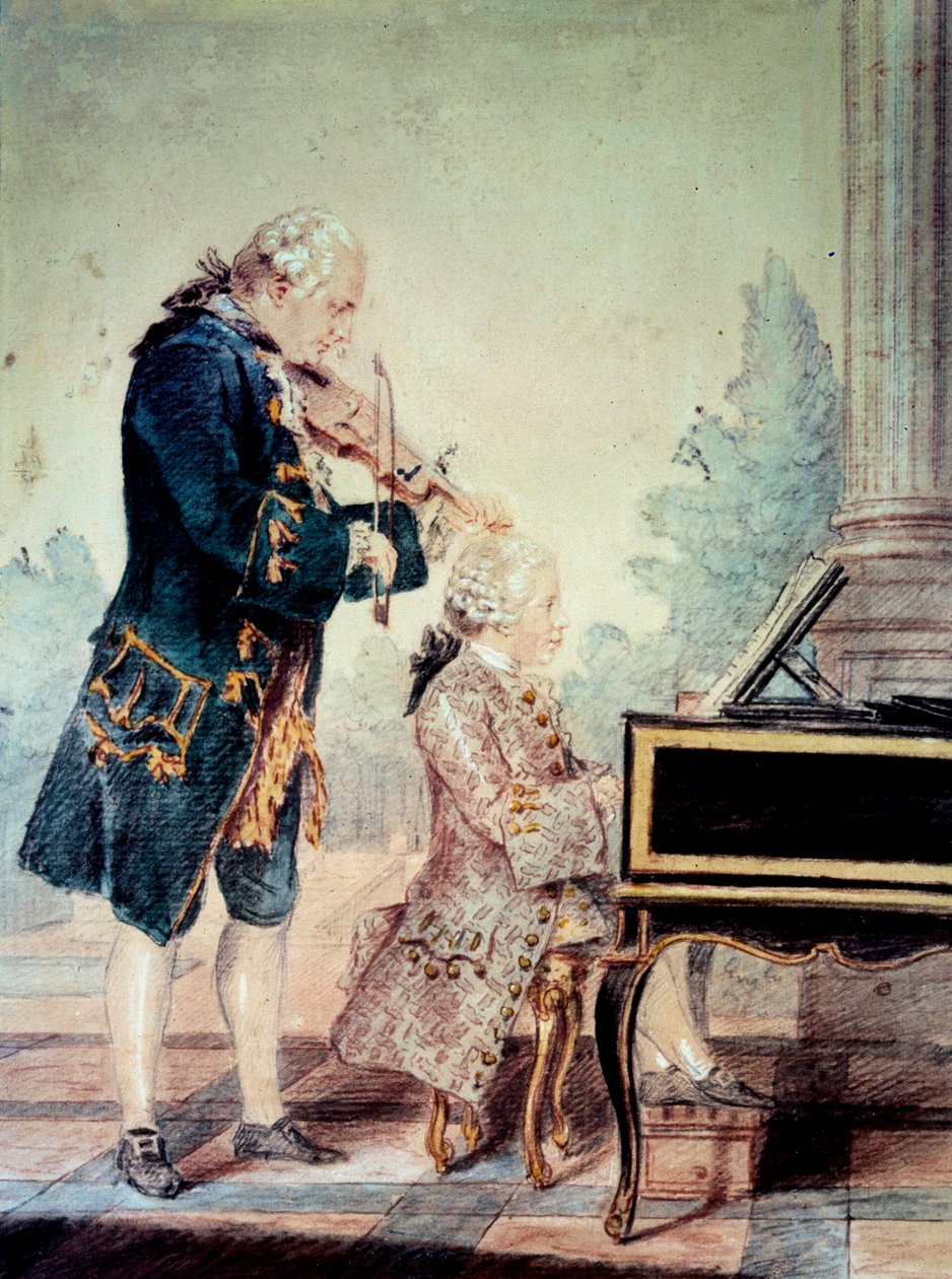 فولفغانغ أماديوس موزارت (1756-1791) طفل يعزف على البيانو مع والده ليوبولد "ألوان مائية" لويس كاروجيس كارمونتيل (1717-1806) 1777 باريس ، متحف كارنافاليت بواسطة كارمونتيل