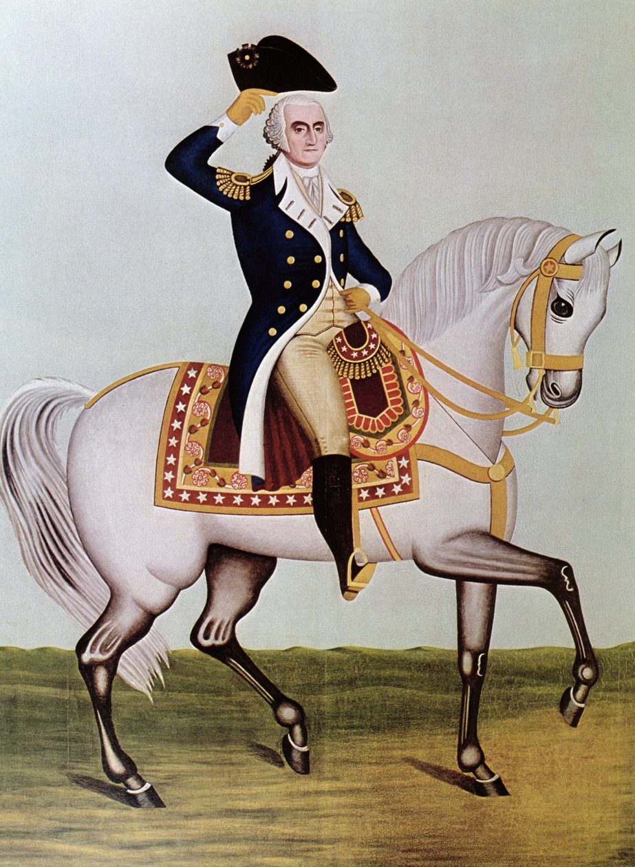 George Washington on horseback (colour litho) بواسطة (بعد) المدرسة الأمريكية