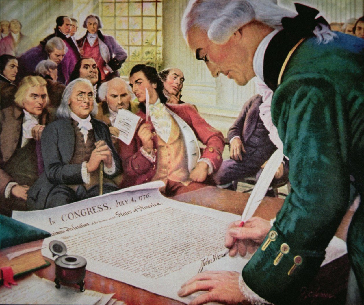 John Hancock (1737-93) signs the American Declaration of Independence, 4th July 1776 (colour litho) بواسطة (بعد) المدرسة الأمريكية