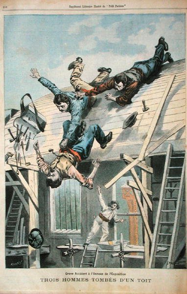 ثلاثة رجال يسقطون من سطح ، من "Le Petit Parisian" ، نقش بواسطة Fortune-Louis Meaulle (1844-1901) 8 أبريل 1900 (حجر ملون) بواسطة (بعد) كاري