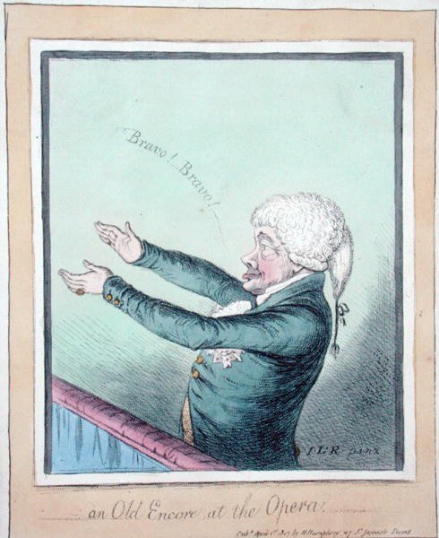 ظهور قديم في دار الأوبرا! محفور بواسطة جيمس جيلراي (1756-1815) نشرته هانا همفري عام 1803 (نقش ملون يدويًا) بواسطة (بعد) المدرسة الإنجليزية