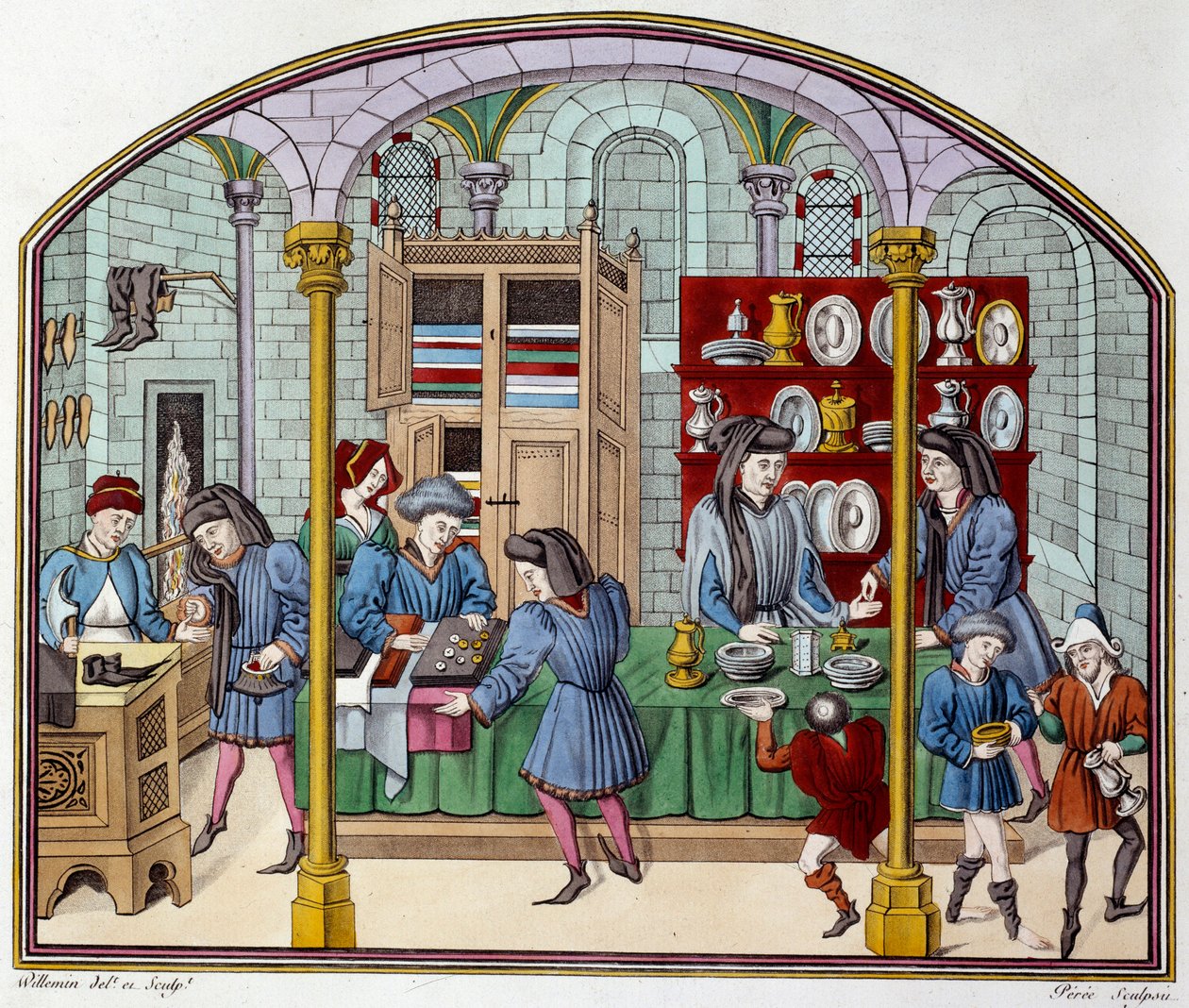 محل ذهب. الطباعة الحجرية في كتاب "Ethiques d'aristote" لنيكولا أورسمي (1320-1382) ، عالم العصور الوسطى. من لوحة القرن الخامس عشر تصور قاعة مغطاة. روان ، مكتبة البلدية بواسطة (بعد) المدرسة الفرنسية