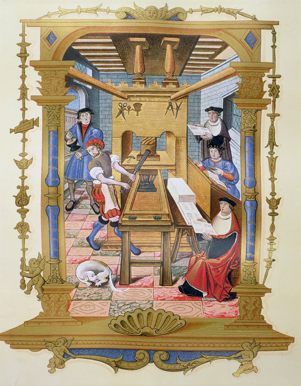 الجزء الداخلي من أعمال الطباعة في القرن السادس عشر ، نسخة من المنمنمات من "Chants royaux sur la Conception Couronnee du Puy de Rouen" (لون ليثو) بواسطة (بعد) المدرسة الفرنسية