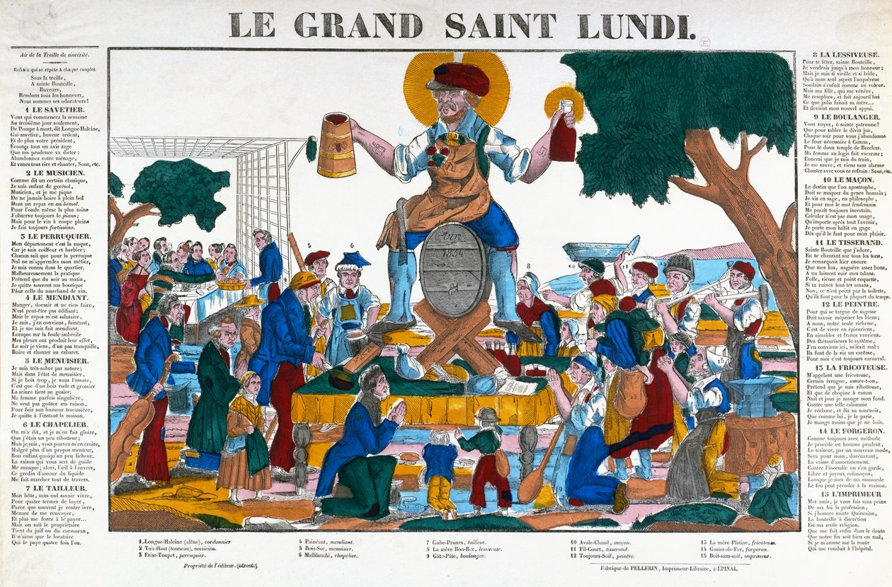 Le Grand Saint Lundi ، يوم الإثنين المقدس ، رسوم متحركة عن العمال والتجار الذين يكرسون أيام الاثنين لتناول الكحول بدلاً من عملهم ، منتصف القرن التاسع عشر (لون ليثو) بواسطة (بعد) المدرسة الفرنسية