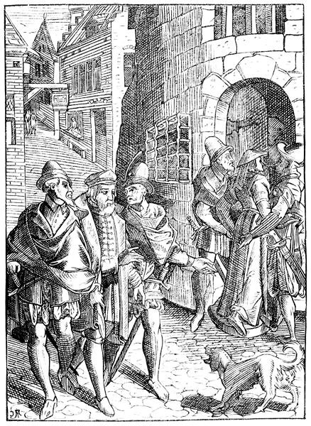سجن بروفوست ، شارع دي لا تانيري ، باريس ، بعد نقش خشبي في 'Praxis Rerum Civilium' بقلم Joose de Damhouder (1507-181) نشر أنتويرب بواسطة (بعد) المدرسة الفرنسية