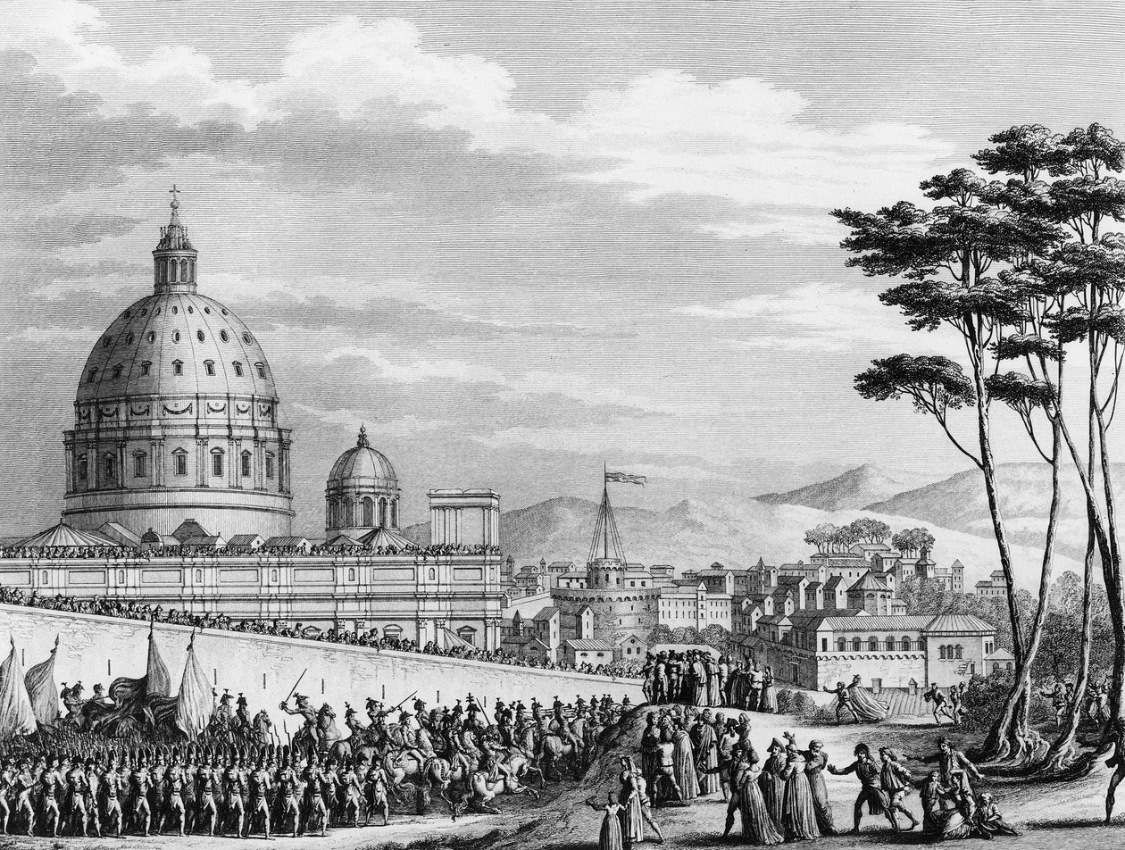 French Revolution: Triumphant entry of the French into Rome in Italy in February 1798 led by General Louis Alexandre (Louis-Alexandre) Berthier who invaded the pontifical states and seized the city of Rome on February 11 بواسطة (بعد) جيرارديت