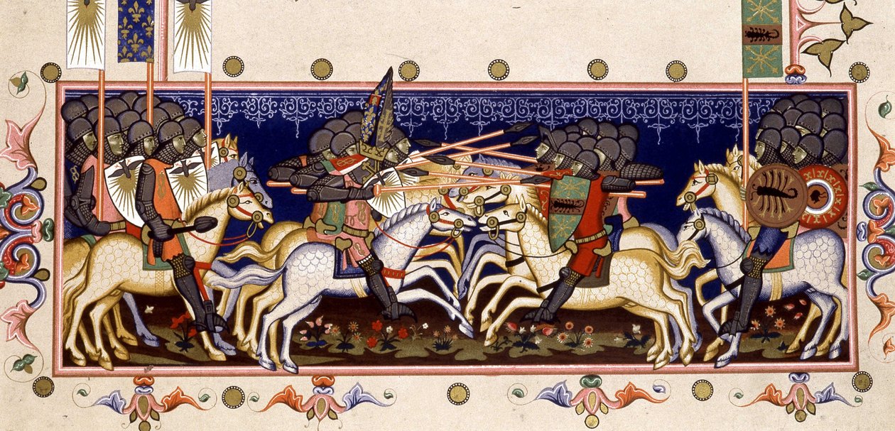 مشهد المعركة (الحروب الصليبية المتخيلة) - في "قوانين رتبة الروح القدس لنابولي" (وسام الروح القدس) استنادًا إلى المنمنمات عام 1352 بواسطة (بعد) المدرسة الإيطالية