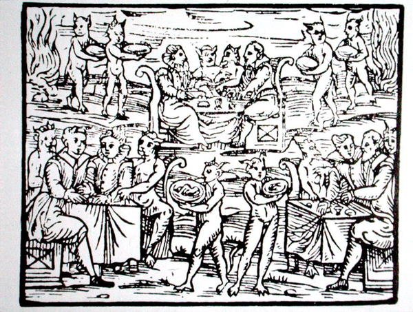 عيد الساحر ، نسخة من رسم توضيحي من "الخلاصة المالية Maleticarum" للأب M Guaccius ، ميلان 1608 ، مستخدم في "تاريخ السحر" ، نُشر في أواخر القرن التاسع عشر (نقش خشبي) بواسطة (بعد) المدرسة الإيطالية