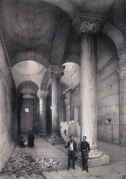 الجزء الداخلي من البوابة الذهبية في القدس ، رسم توضيحي من "تذكارات القدس" بقلم كونتر أميرال باريس ، نقشها هوبرت كليرجيت (1818-99) وجولز جيلدرو (1816-98) (ليثو ملون) بواسطة (بعد) باريس