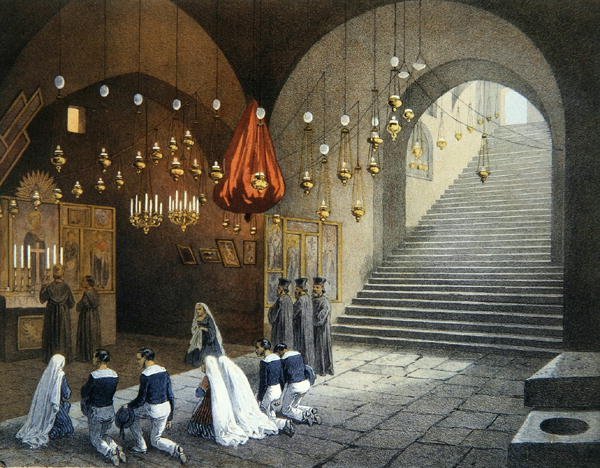 قبر السيدة العذراء في أفسس بالقرب من إزمير ، رسم توضيحي من "تذكارات القدس" بقلم كونتر أميرال باريس ، نقشته باشيلييه وجولز جيلدراو (1816-98) (ليثو ملون) بواسطة (بعد) باريس