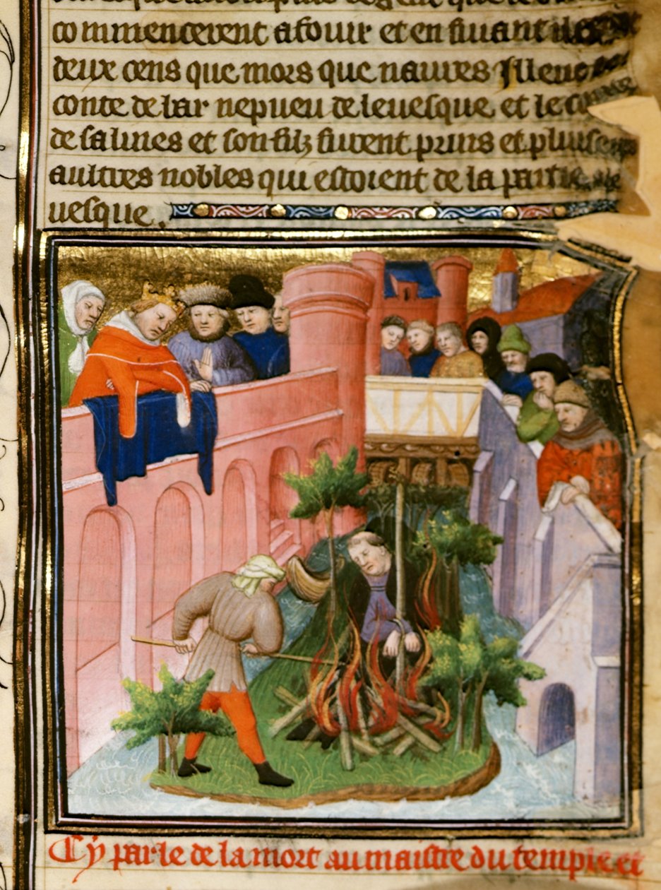كوت نيرو إي الثاني ، الجزء 2 ، صفحة 105 ، حرق سيد فرسان الهيكل ، من "Les Grandes Chroniques de France" ، حوالي 1415 (رق) بواسطة (وورشة عمل) Boucicaut Master