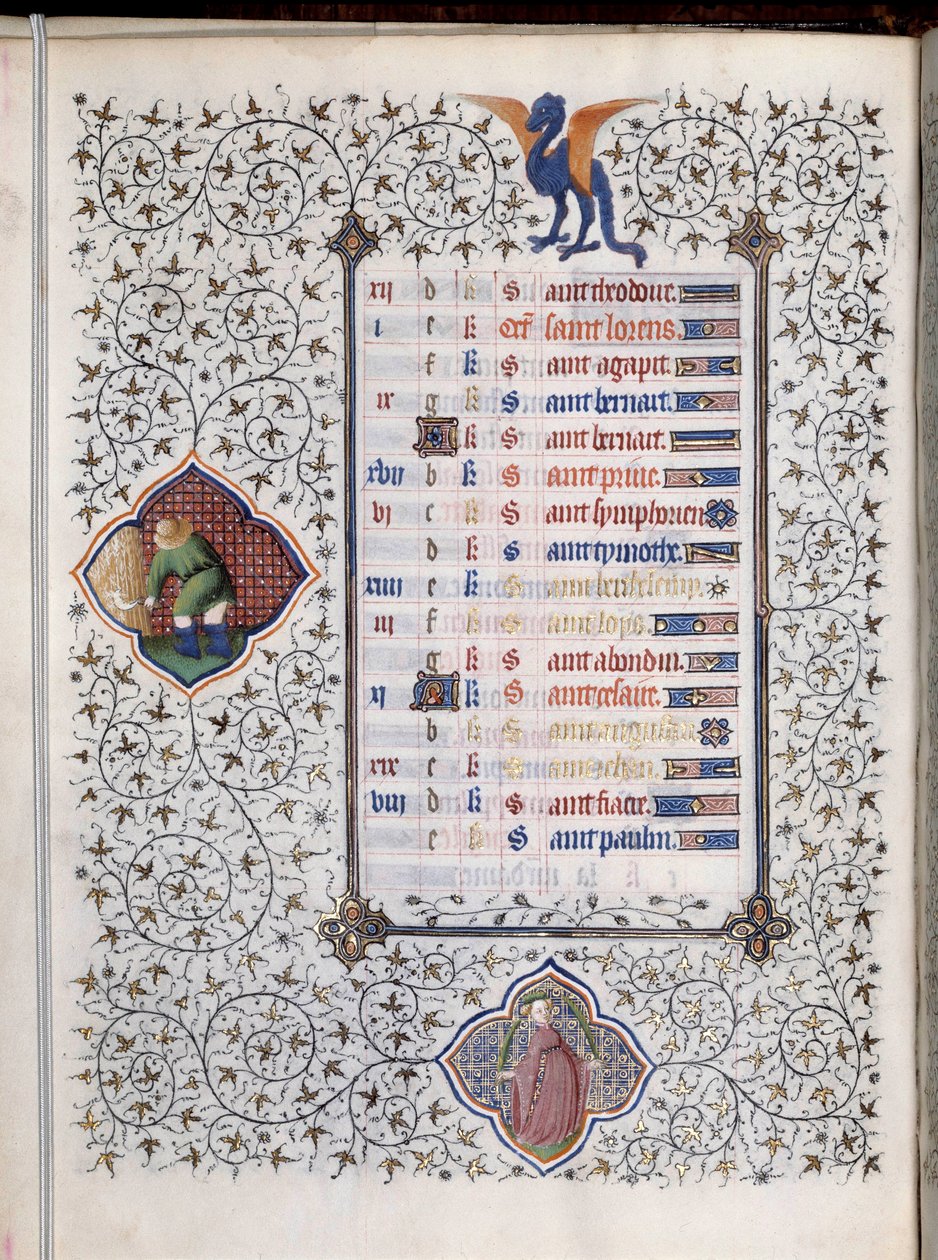 صفحة المخطوطة "" Les Tres Riches Hours du Duke Francois de Guise "" "تزين علامات البروج وتمثيل العمل الزراعي ، الحصاد. صورة مصغرة لسيد Boucicaut بواسطة (وورشة عمل) Boucicaut Master