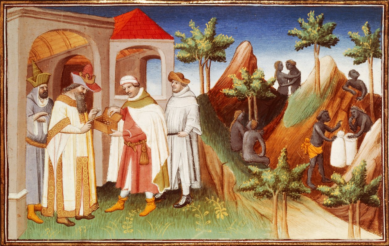 السيد الأب 2810 ص 83 و ، ملك لار يشتري اللؤلؤ ، منمنمات من "كتب عجائب العالم" ، حوالي 1410-14 (تمبرا على ورق) بواسطة (وورشة عمل) Boucicaut Master