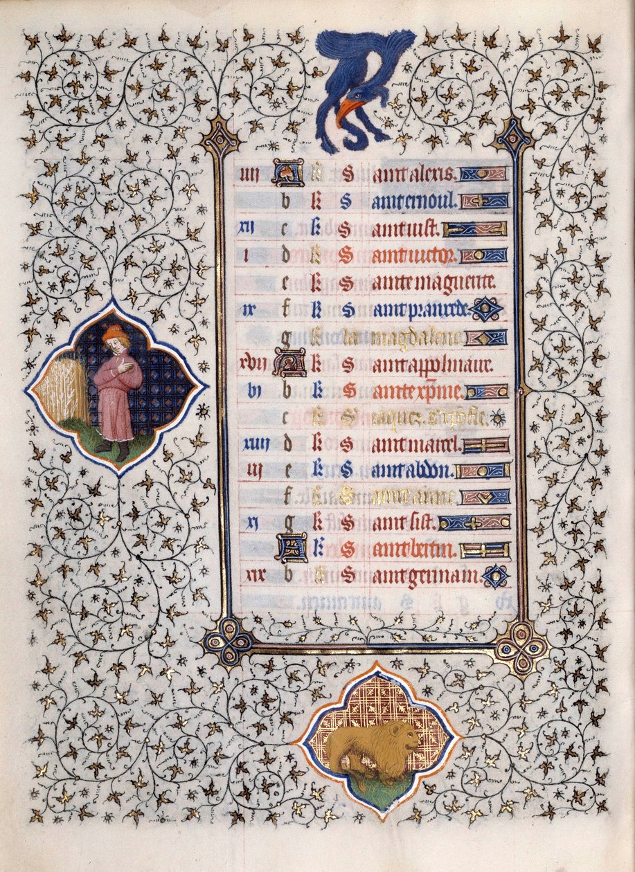 صفحة مخطوطة "Les Tres Riches Hours du Duke Francois de Guise" التي أضاءها سيد Boucicaut: تمثيل لعلامات الأبراج ومشاهد الحياة اليومية: الأسد. القرن ال 15. متحف كوندي ، شانتيلي بواسطة (وورشة عمل) Boucicaut Master