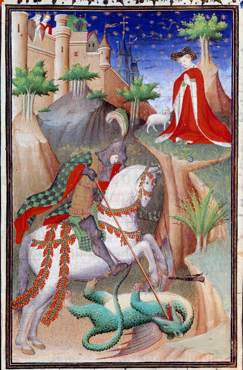 صفحة مخطوطة "Les Tres Riches Hours du Duke Francois de Guise" التي أضاءها سيد Boucicaut: تمثيل للقديس جورج والتنين. القرن ال 15. متحف كوندي ، شانتيلي بواسطة (وورشة عمل) Boucicaut Master