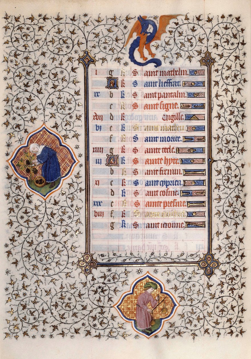 صفحة مخطوطة "Les Tres Riches Hours du Duke Francois de Guise" التي أضاءها سيد Boucicaut: تمثيل علامات الأبراج والعمل الزراعي: التوازن والحصاد. القرن ال 15. متحف كوندي ، شانتيلي بواسطة (وورشة عمل) Boucicaut Master