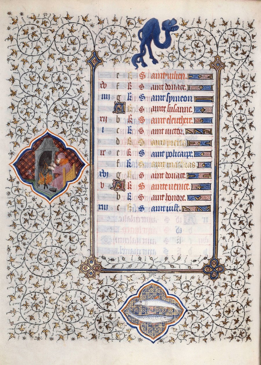 صفحة مخطوطة "Les Tres Riches Hours du Duke Francois de Guise" التي أضاءها سيد Boucicaut: تمثيل لعلامات الأبراج ومشاهد من الحياة اليومية: سمكة ورجل يدفئان أمام مدخنة. القرن ال 15. تأمل بواسطة (وورشة عمل) Boucicaut Master