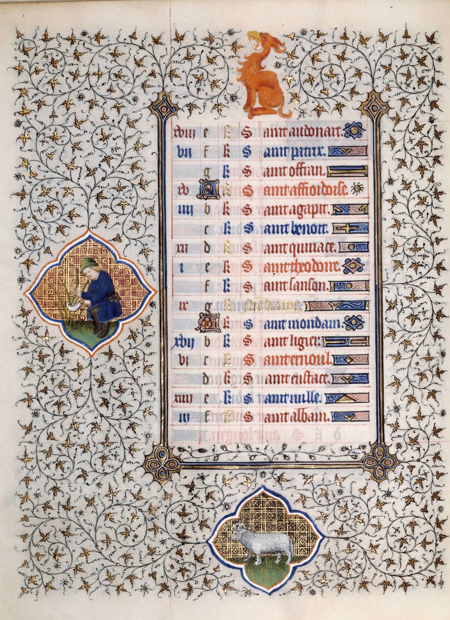 صفحة مخطوطة "Les Tres Riches Hours du Duke Francois de Guise" التي أضاءها سيد Boucicaut: تمثيل لعلامات الأبراج ومشاهد من الحياة اليومية: البطل ورجل يقص الخوص. القرن ال 15. متحف كوندي ، شانتيلي بواسطة (وورشة عمل) Boucicaut Master