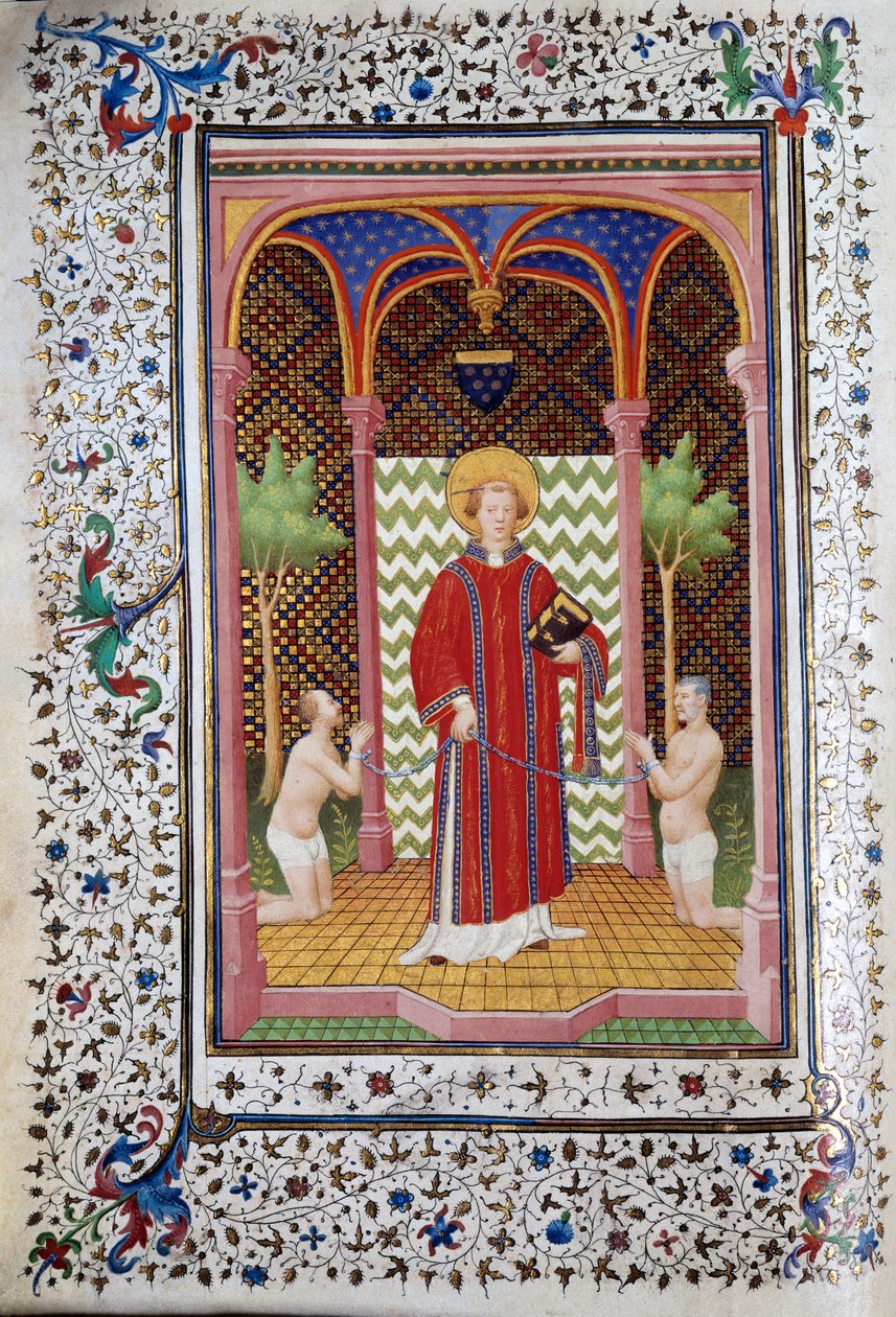 تمثيل القديس ليونارد (القرن السادس) ، ناسك ليموزين ، إطلاق سراح سجينين صفحة من مخطوطة "Les Tres Riches Hours du Duke Francois de Guise" التي أضاءها سيد Boucicaut. القرن ال 15. متحف كوندي ، شانتيلي بواسطة (وورشة عمل) Boucicaut Master