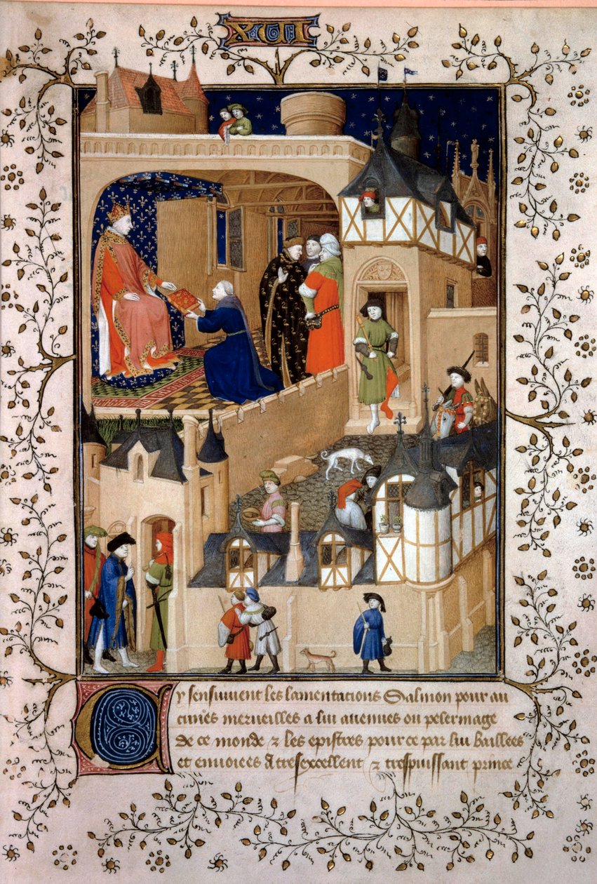 قدم المغامر السياسي بيتر فروتييه ديت سالمون مخطوطاته إلى الملك تشارلز السادس (1368-1422). صورة مصغرة من "إجابات شارل السادس والرثاء" لبيير سالمون مضاءة بورشة مايتري دو بوكيكوت (القرن الخامس عشر) 1409 ص بواسطة (وورشة عمل) Boucicaut Master