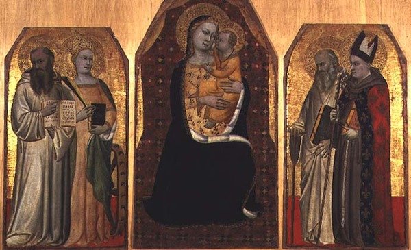 ثلاثية: مادونا والطفل محاطان بأربعة قديسين (تمبرا على لوحة) بواسطة (Attr to) Puccio di Simone