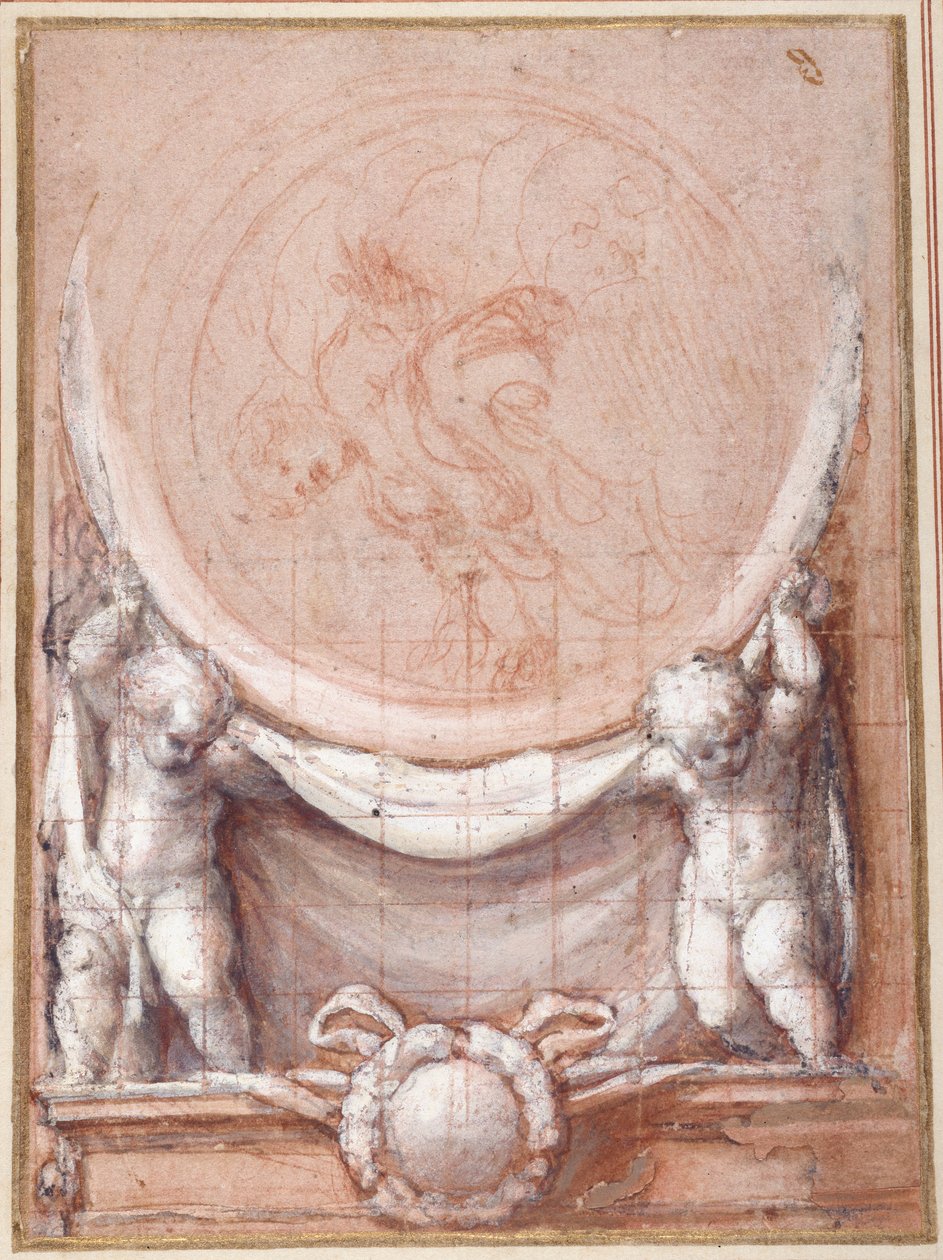 Two putti supporting a medallion on which the cloud-borne Christ is represented (red chalk on white paper) بواسطة (1489-1534) كوريجيو