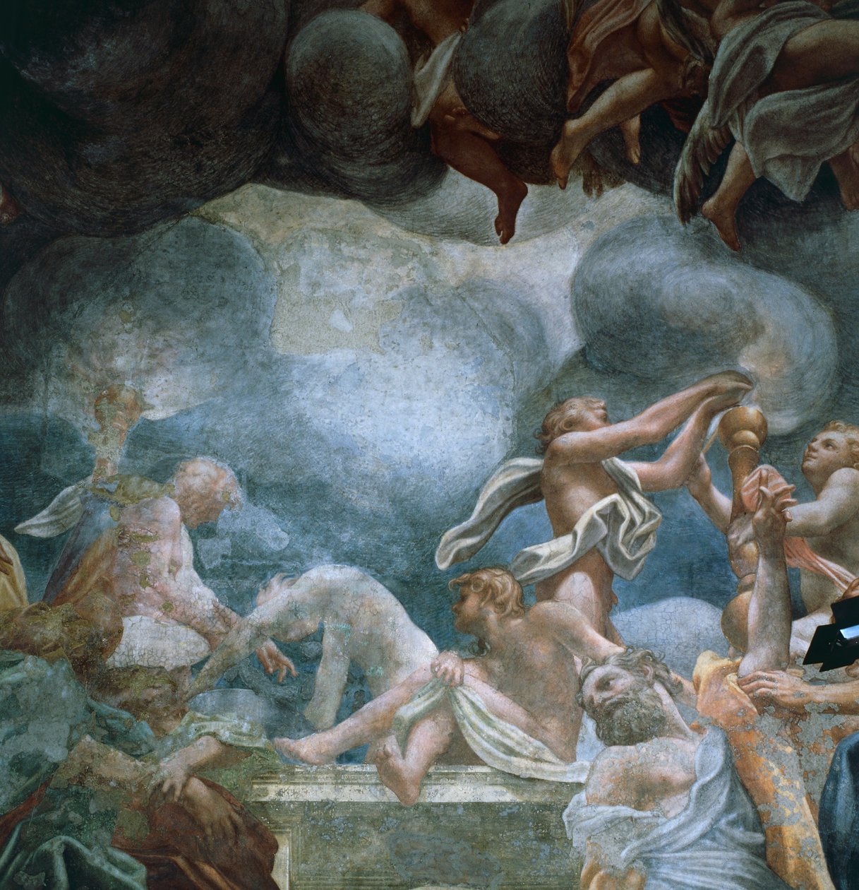 Youths on balcony, detail of frescoes of dome of Parma Cathedral, by Antonio Allegri Da Correggio (1489-1534) بواسطة (1489-1534) كوريجيو