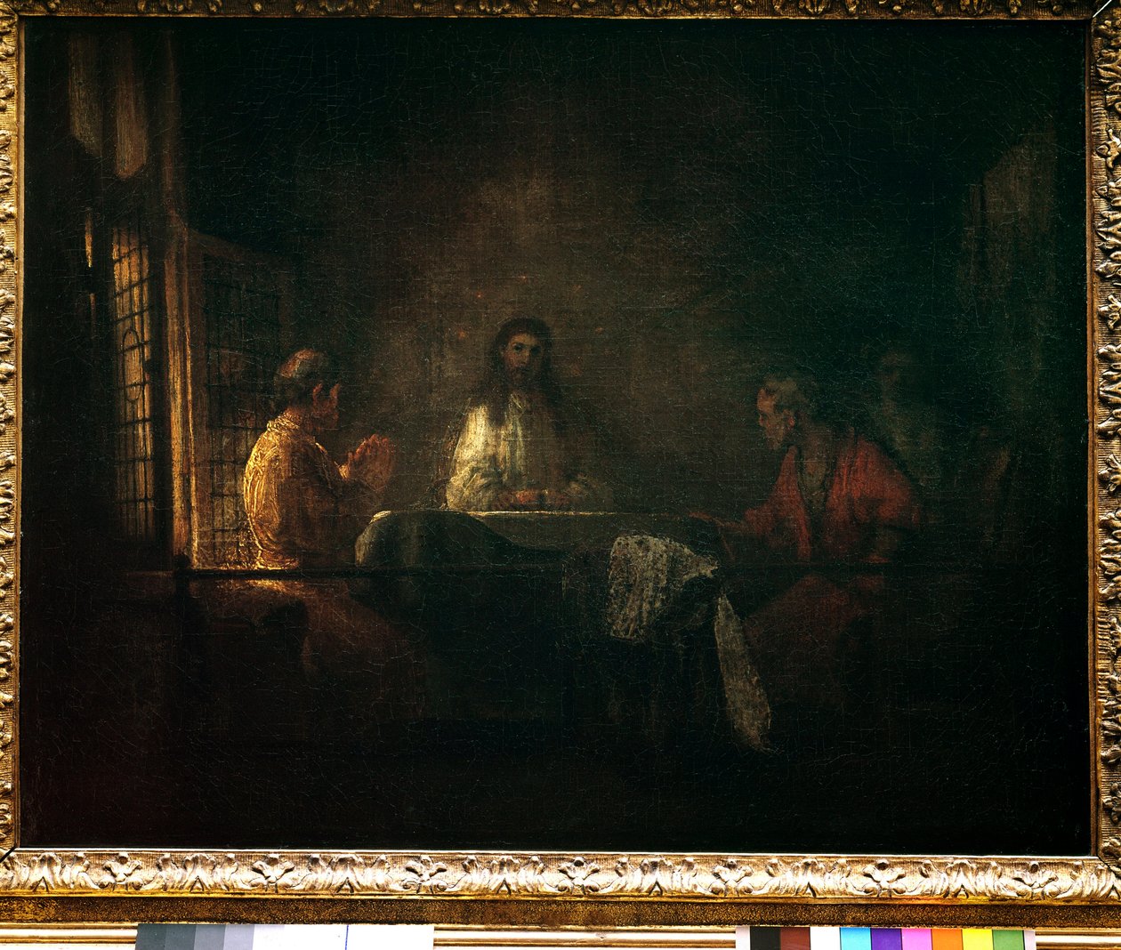 يظهر حجاج عمواس المسيح للحجاج جالسين على طاولة في نزل في عماوس. رسم ورشة عمل هارمنز فان راين ديت رامبرانت (1606-1669) بواسطة استوديو رامبرانت هارمنز. فان راين