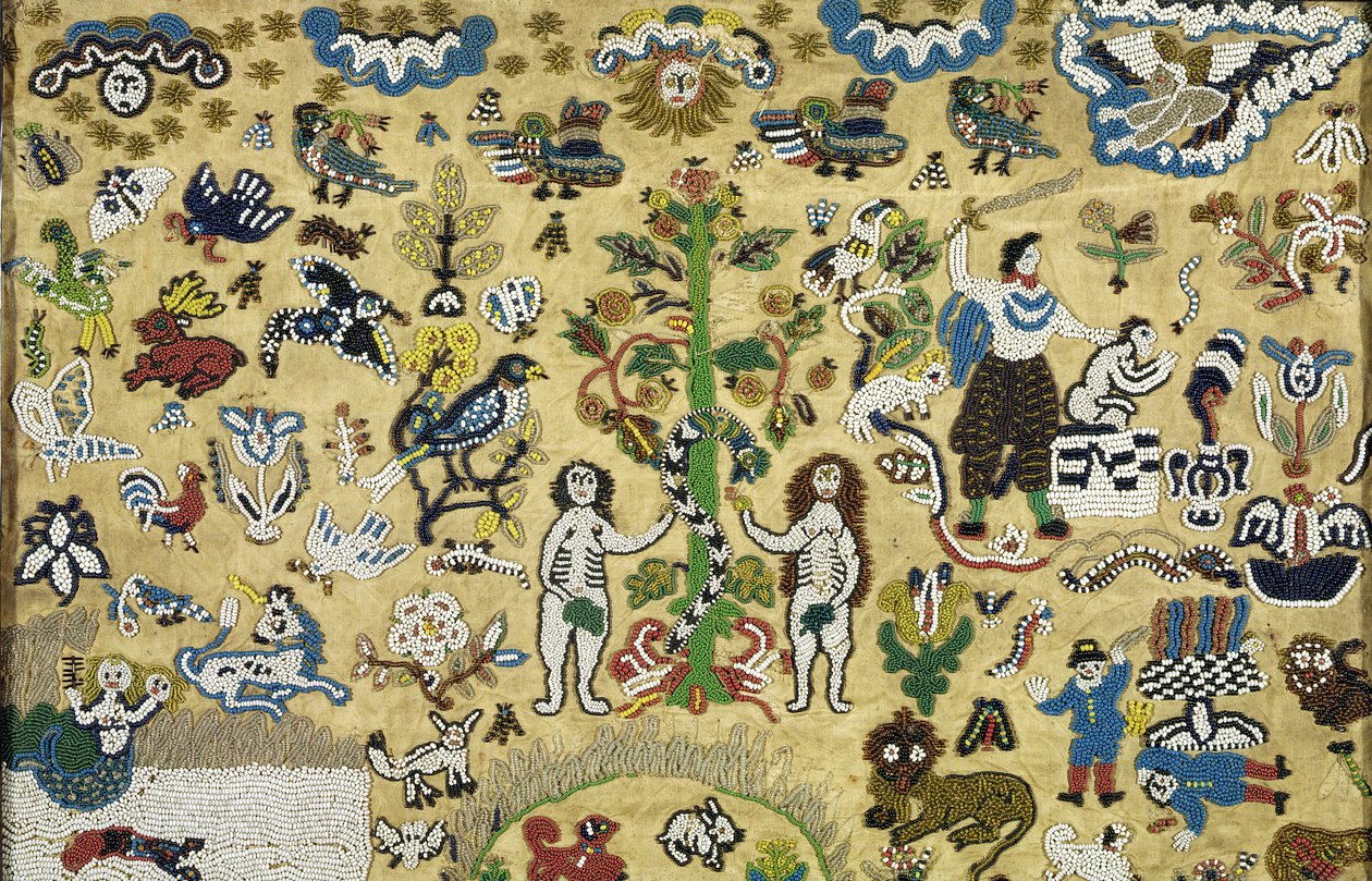 صورة زخرفة خرزية: Fall of Man؛ قابيل وهابيل؛ تضحية إسحاق ؛ محاطة بحيوانات من جنة عدن ، 17 ج. (حرير مطرز بخرز ملون) بواسطة غير معروف
