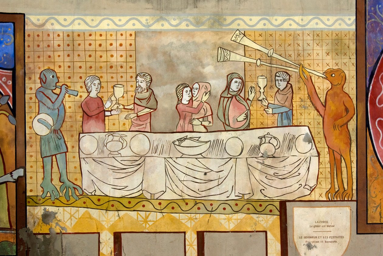 رسم مأدبة من القرون الوسطى مع شاربي وعشاق وحيوانات خيالية يعزفون الطبول والبوق. بواسطة غير معروف