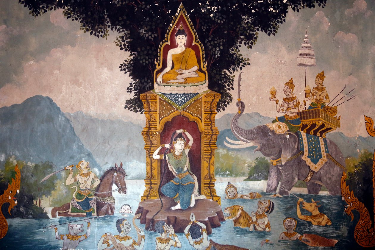 لوحة جدارية تصور مشهدًا لحياة البوذا في وات فرا دوي سوثيب ، شيانغ ماي. تقوم Phra Mae Thorani بلف شعرها الطويل وتدفقات الماء تخلق طوفانًا. تايلاند بواسطة غير معروف