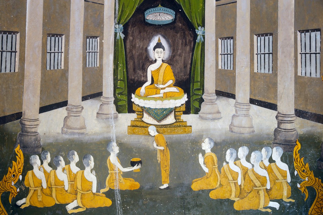 لوحة جدارية تصور مشهدًا لحياة البوذا في وات فرا دوي سوثيب ، شيانغ ماي. بوذا مع sangha له. r تايلاند بواسطة غير معروف