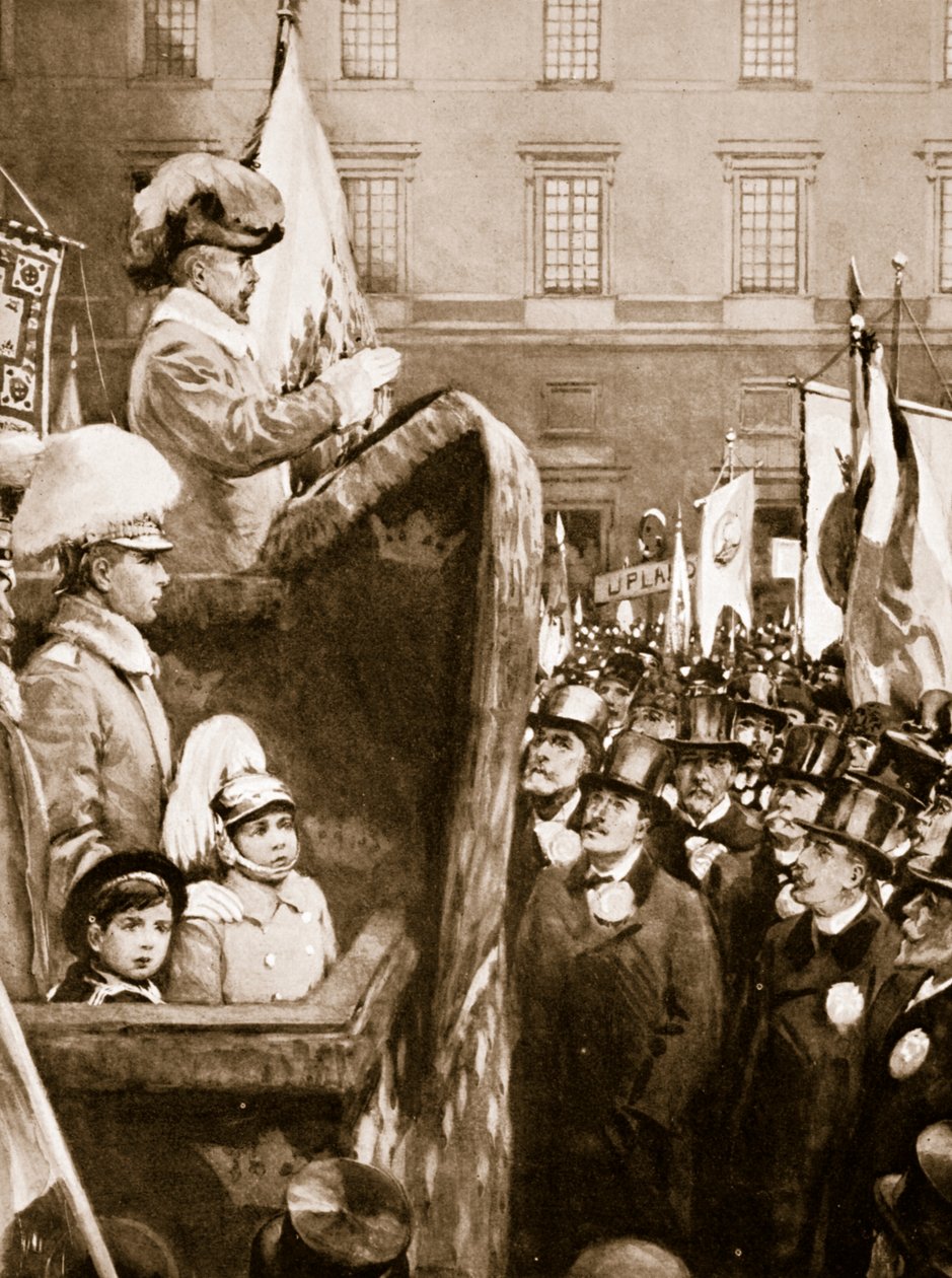 الملك تشارلز الخامس عشر من السويد يخاطب حشودًا حول زيادة الأسلحة للدفاع عن البلاد ، 1866 بواسطة غير معروف