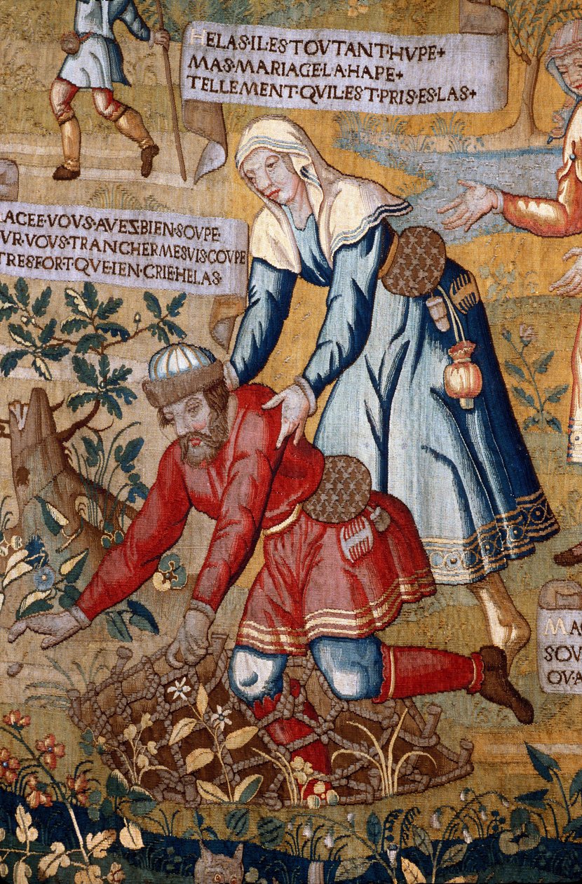 Manche N * 075 ، Musee de St Lo ، "" Les amours de Gombeau (Gombault) et Mace (Macee) "" ، نسيج التفاصيل بواسطة غير معروف