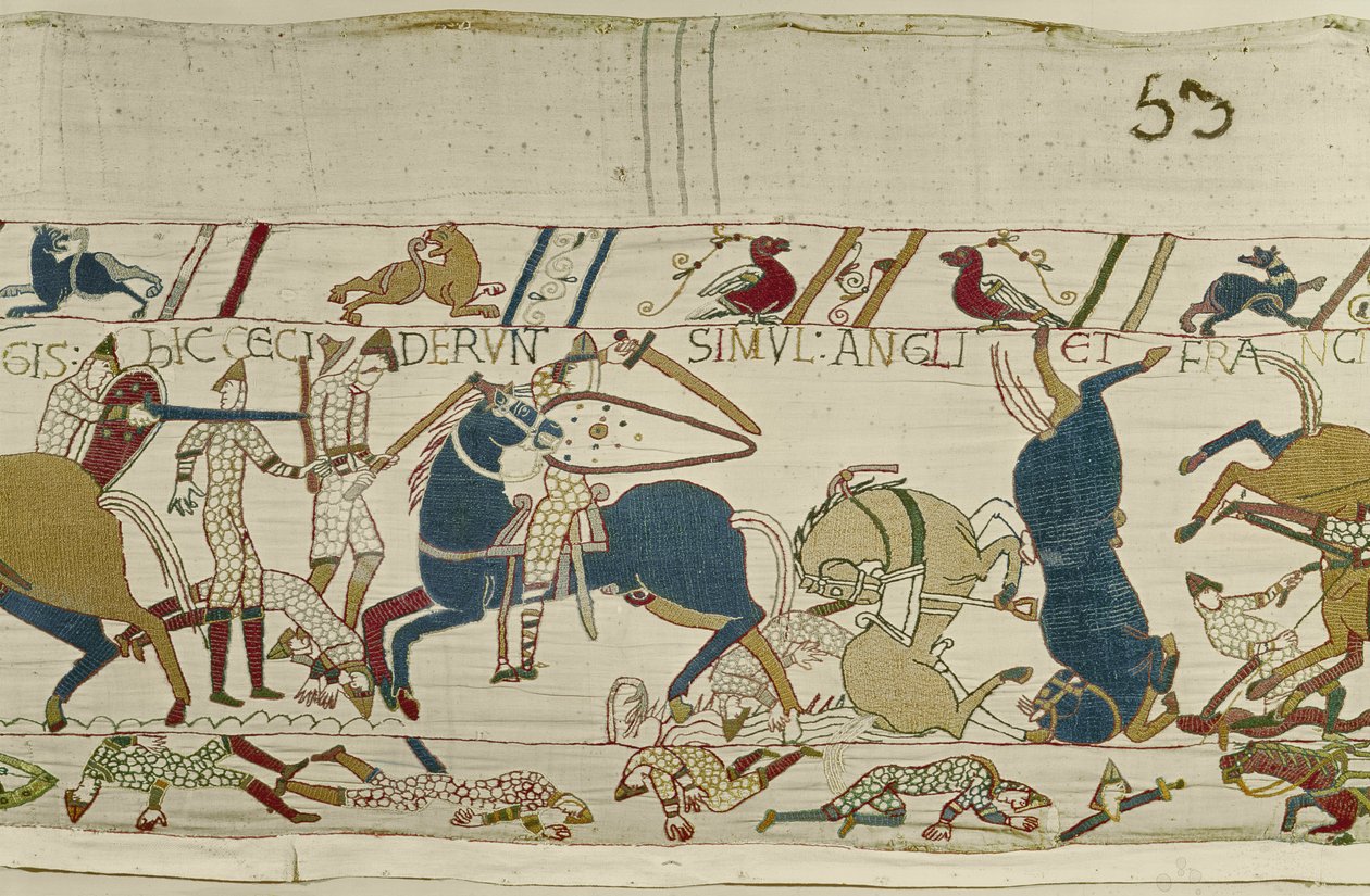 نورمان والإنجليزية يسقطان جنبًا إلى جنب في Battle ، Bayeux Tapestry (تطريز صوف على الكتان) بواسطة غير معروف
