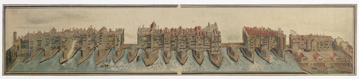 جسر لندن القديم في عام 1600 ، نسخه دبليو جريجز في عام 1881 من رسم في مجموعة بيبيس ، في كلية ماجدالين ، كامبريدج بواسطة غير معروف