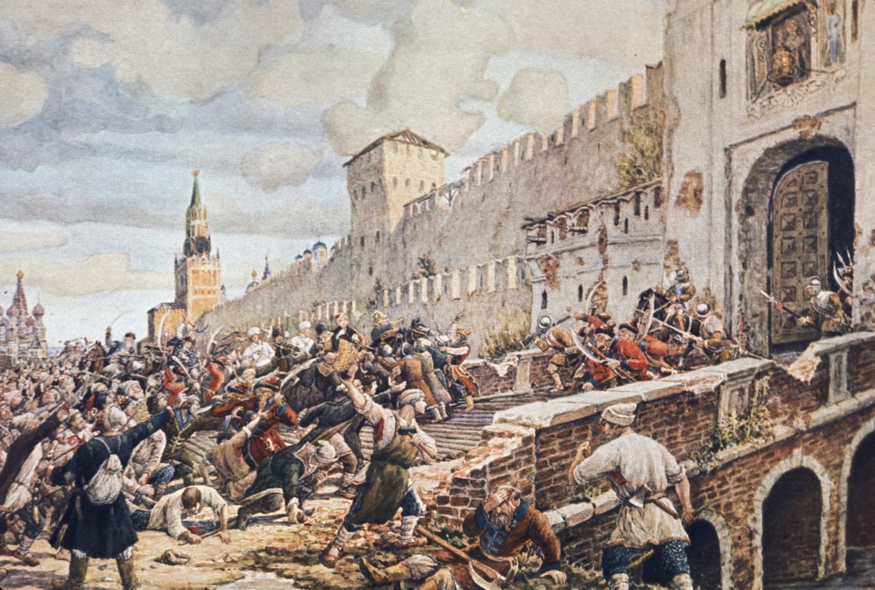 انتفاضة PeasantWorkers في موسكو ، 1648 ، كانت أعمال الشغب ضد الضرائب الفاسدة (خاصة الملح) ، وندرة الطعام ، وانحطاط العملة التي تضخم السلع الاستهلاكية. بواسطة غير معروف