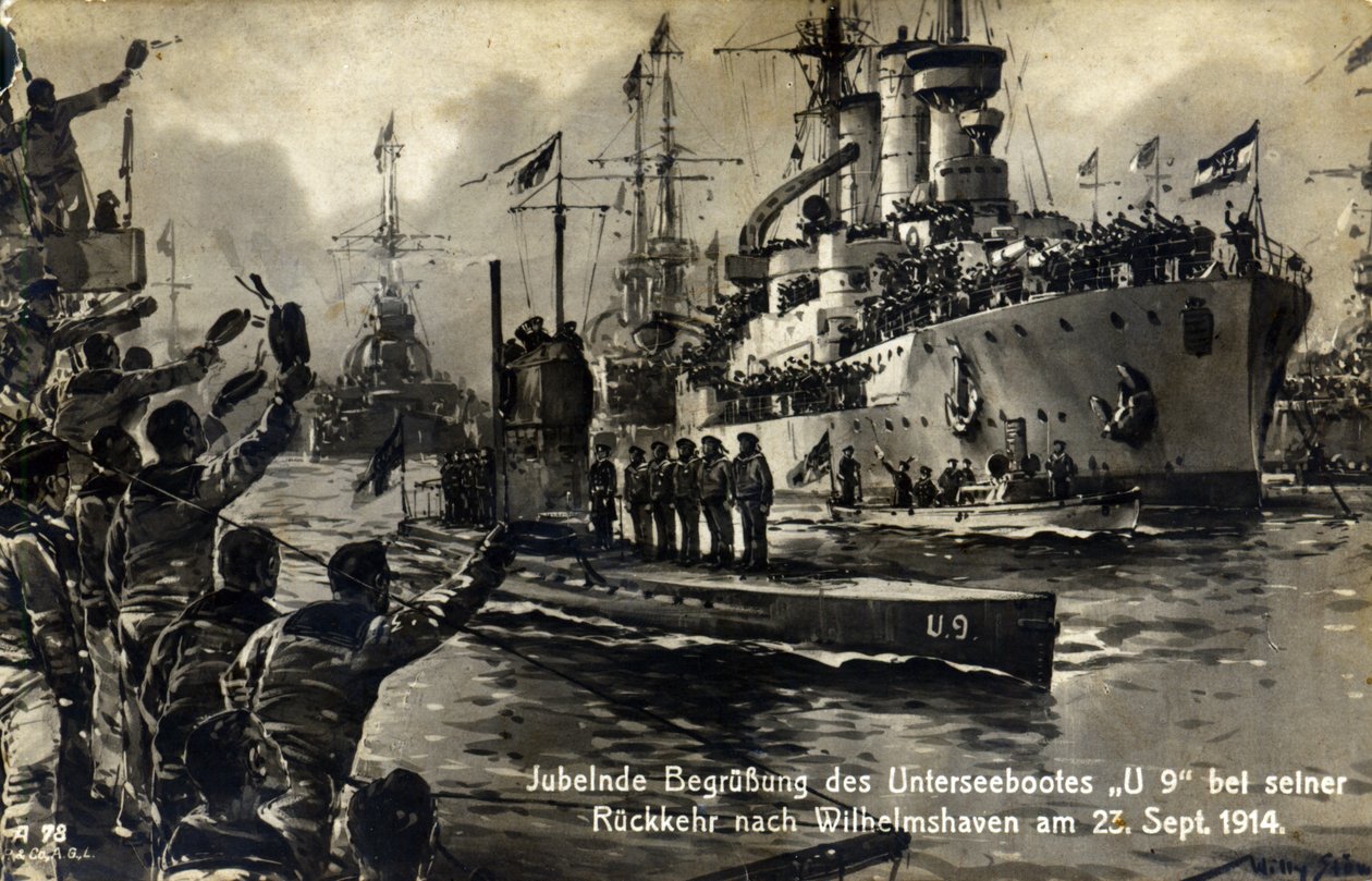 بطاقة بريدية للبحارة يرحبون بقارب U9 U9 عند عودته إلى فيلهلمسهافن ، 23 سبتمبر 1914 بواسطة غير معروف