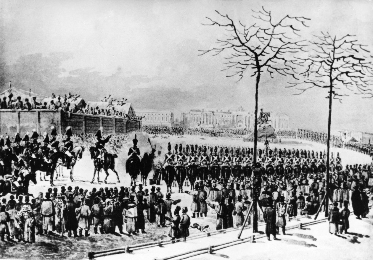 انتفاضة Decembrist ، 1825 ، ساحة مجلس الشيوخ ، سانت بطرسبرغ ، روسيا ، القيصر نيكولاس الأول يأمر المدافع التي أطلقت في المتمردين ، 14 ديسمبر 1825 ، من لوحة مائية قديمة كتبها K ، Kolman. بواسطة غير معروف