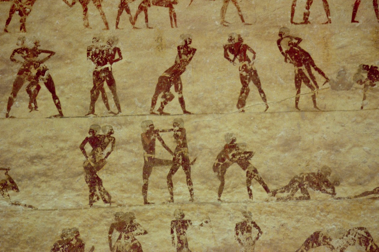 مصارعون ، تفاصيل من لوحة حائط مقبرة ، مصري ، قديم إلى عصر الدولة الوسطى (حجر جيري مطلي) بواسطة غير معروف