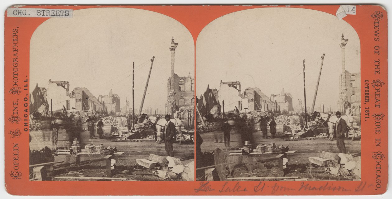 صورة مجسمة لمنظر بحيرة سانت من شارع ماديسون بعد حريق شيكاغو عام 1871 بواسطة مصور أمريكي