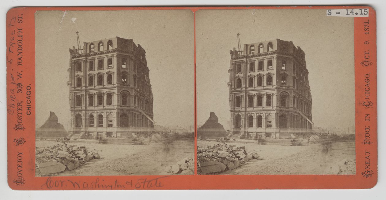 صورة مجسمة للبنك الوطني الأول بعد حريق شيكاغو عام 1871 بواسطة مصور أمريكي