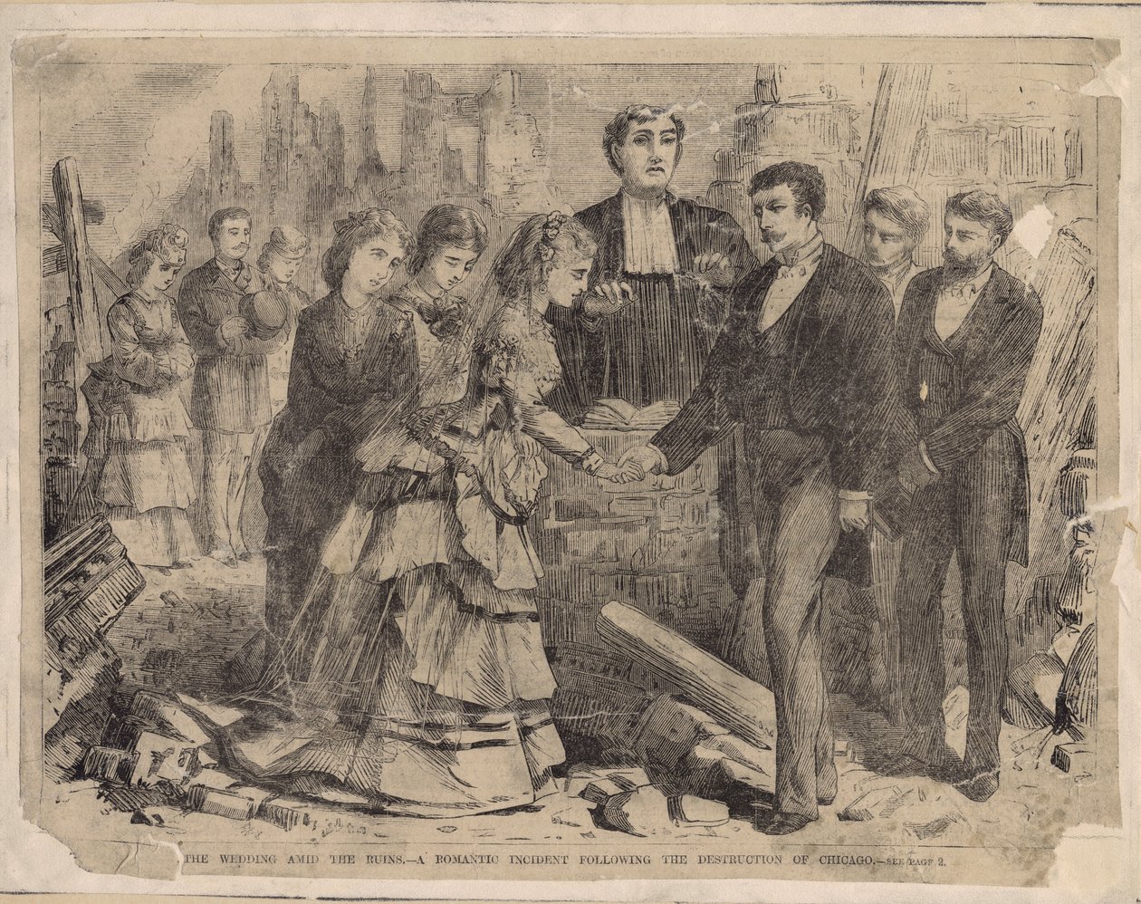حفل زفاف وسط الأطلال - حادثة رومانسية بعد تدمير شيكاغو ، صورة توضيحية من Harpers Weekly ، 1871 بواسطة المدرسة الأمريكية