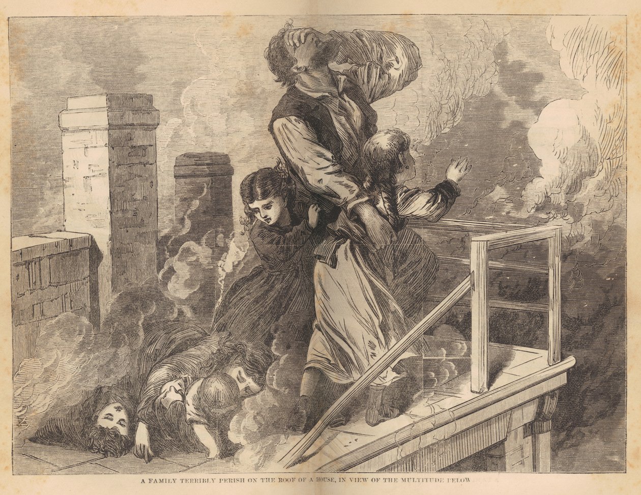 عائلة محاصرة على سطح منزل خلال حريق شيكاغو عام 1871 ، من الحرائق الكبرى في شيكاغو والغرب بواسطة القس EJ Goodspeed ، c.1871 (نقش الخشب) بواسطة المدرسة الأمريكية