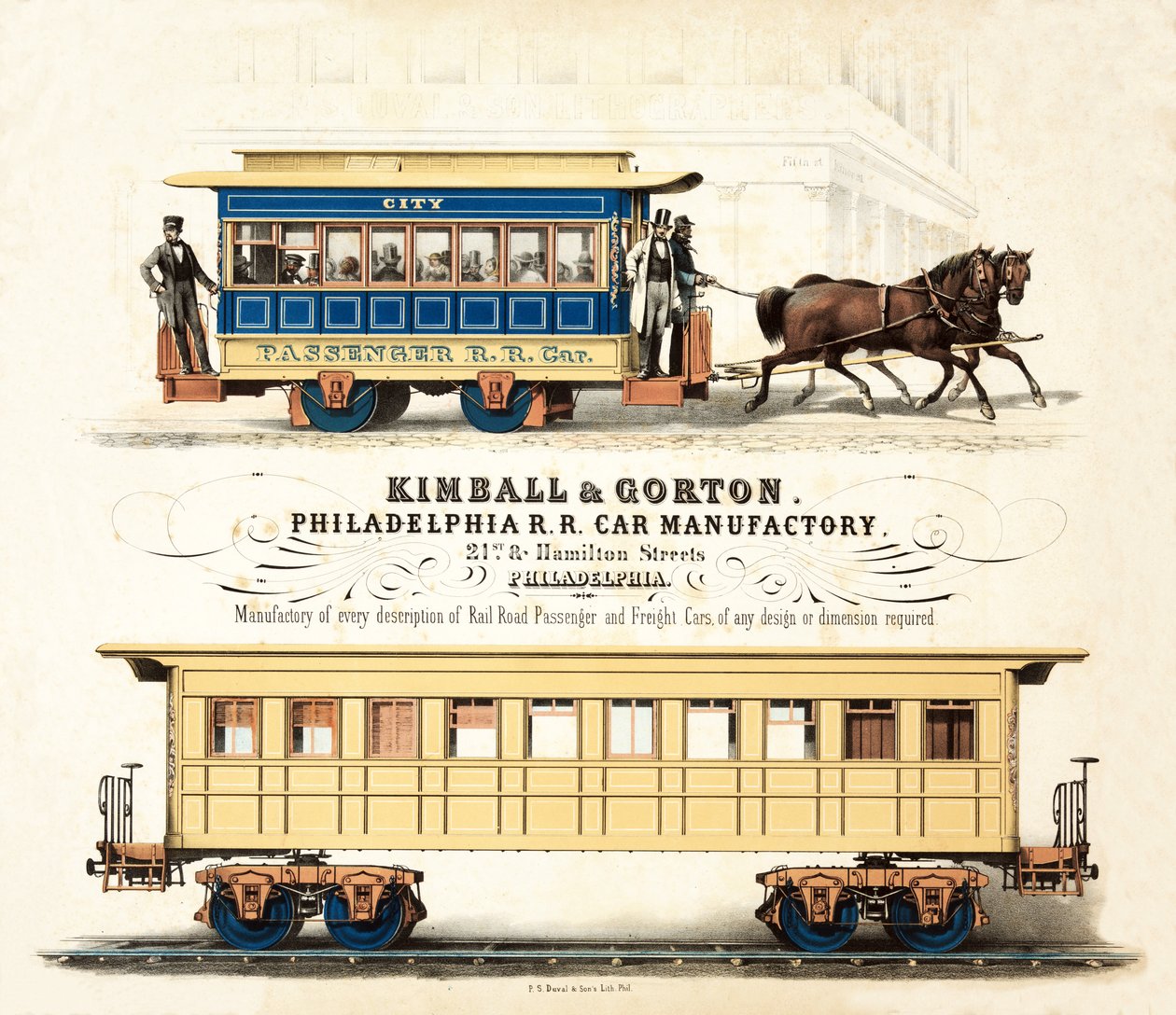 إعلان عن Kimball & Gorton ، فيلادلفيا لصناعة السيارات ، تم نشره عام 1857 بواسطة المدرسة الأمريكية