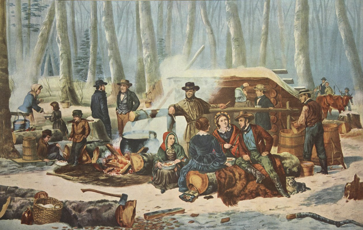 مشهد الغابة الأمريكية - Maple Sugaring ، حانة. 1856 ، كورير وإيفز بواسطة المدرسة الأمريكية