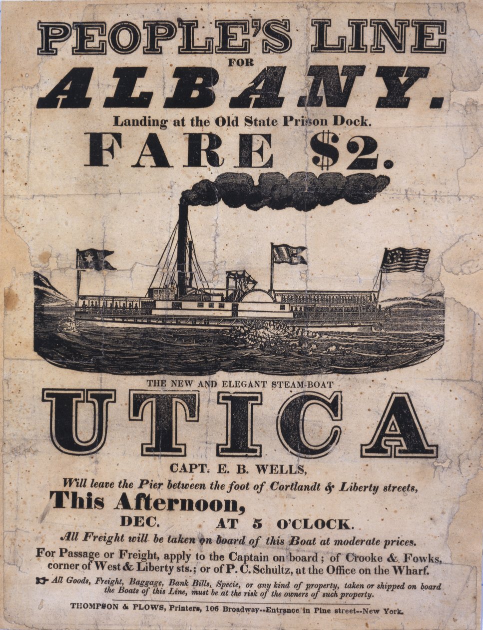 خط الشعب الإعلاني على نطاق واسع لألباني ، القارب البخاري الجديد والأنيق Utica (على الجانب الآخر من الحروف) بواسطة المدرسة الأمريكية